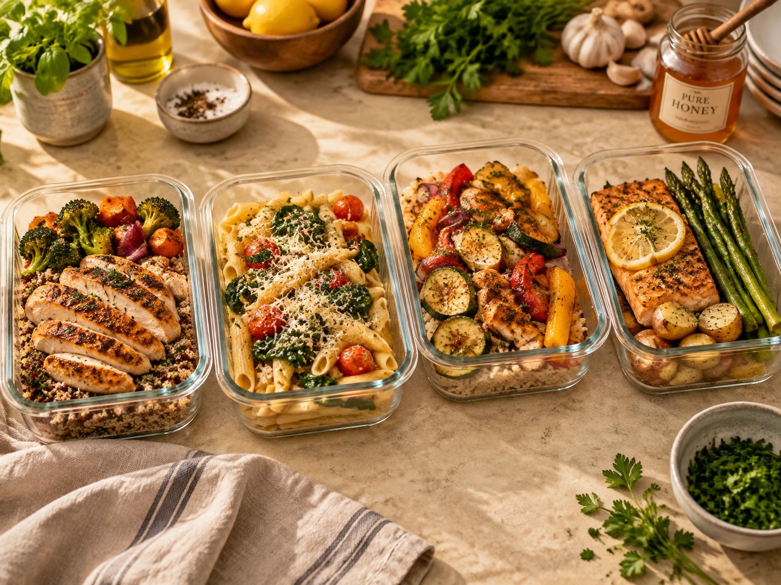 Freshly prepared meal prep containers on a kitchen counter